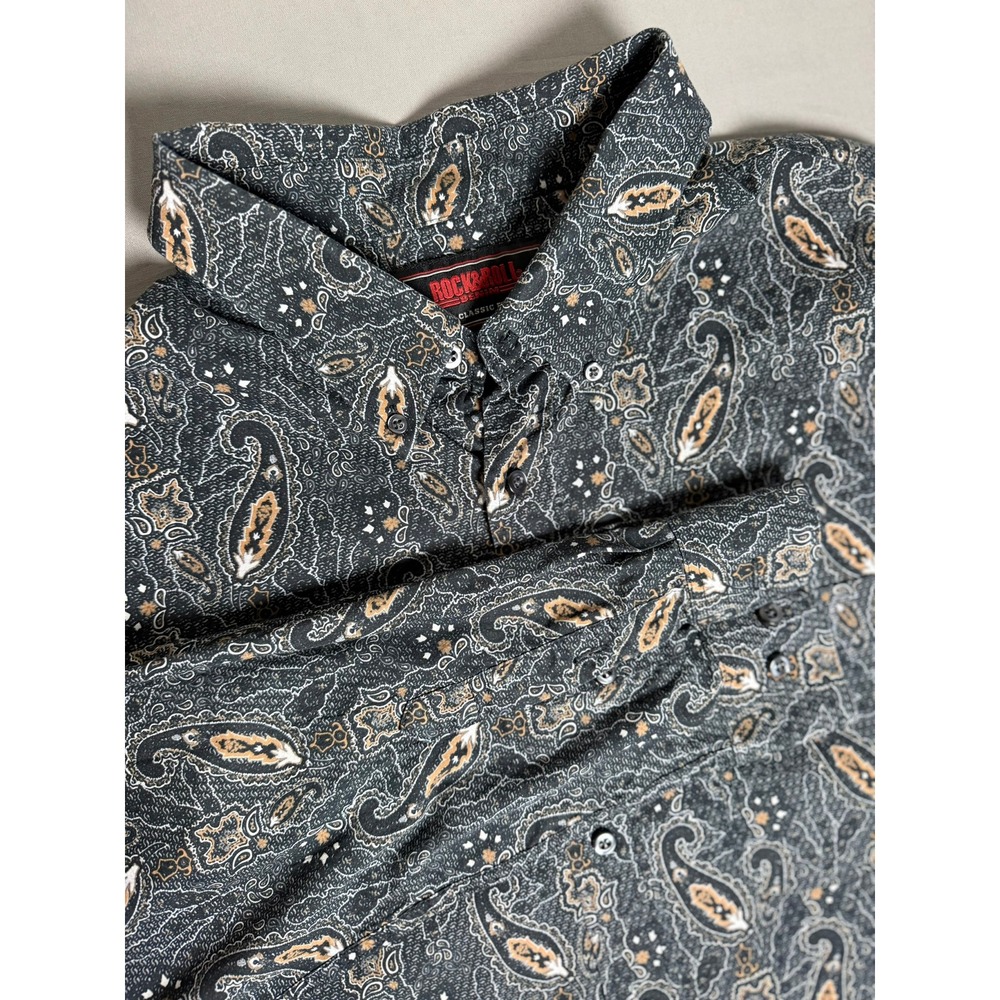 Rock and Roll Denim Mens XL Paisley Button Down Long Sleeve Shirt Charcoal Grey